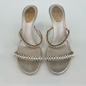 RENE CAOVILLA PLATINUM BURMA CRYSTAL -PEARL SLIDE SANDALS SIZE IT 38 / US 8
